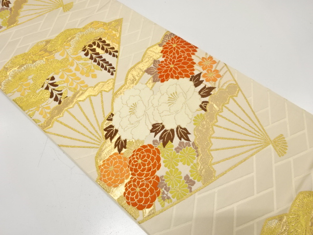 JAPANESE KIMONO / ANTIQUE FUKURO OBI / SILK / WOVEN FOLDING FAN PATTERN